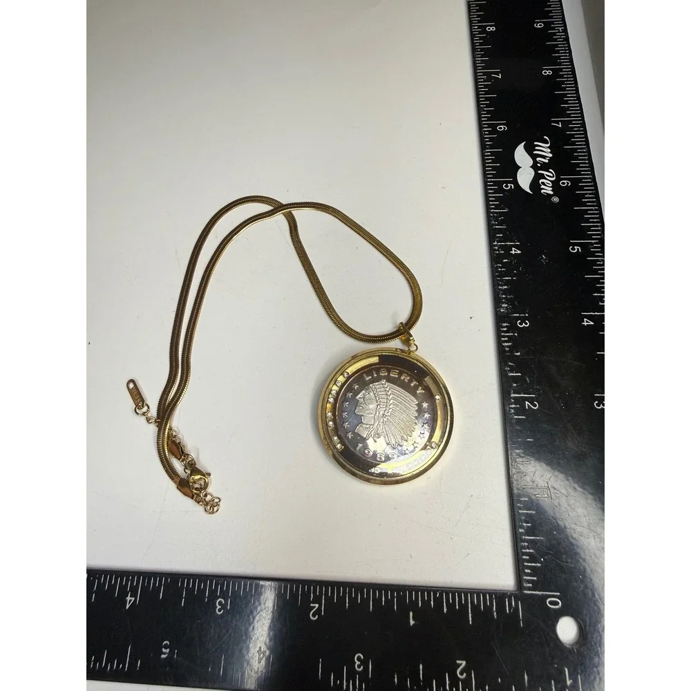 Chanel 1989 Liberty Indian Head Coin Pendant Necklace Gold Tone Rhinestone 99.9